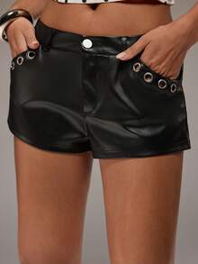 SHEIN BAE Women's Sexy Studded Metal Eyelet PU Short Mini Leather Shorts Street Style Halloween Y2K 90s Party Concert Ibiza Clubbing Black Summer - Black - View 7