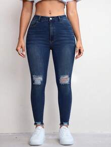 SHEIN Unity Plus Size Women's Distressed Street Style Kawaii Casual Formal Skinny Leg Jeans Back-To-School Graduation Navy Blue Summer Club - Dark Wash - View 4