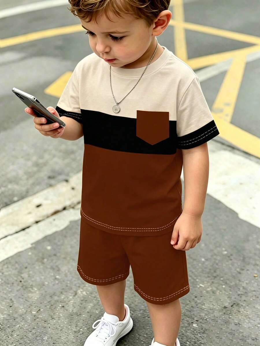Souflis Souflis 夏季男童拼色短袖上衣與短褲兩件套,對比色假口袋設計,適合幼童與小童的時尚休閒套裝,兒童潮流街頭風,韓系運動風熱銷兩件套,百搭日常童裝,男孩熱銷套裝 - 彩色 - 查看 1