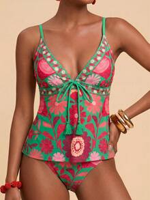 Travachic Women's Summer Beach Floral Print Tankini Set With Camisole Top - Green - View 5