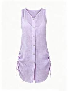 Swim Lushoire Kimono Kasual Wanita untuk Liburan, Warna Polos, Kancing Depan, Tali Serut Samping, Tanpa Lengan - Mauve Purple - View 7
