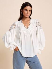 LOTSLUV Women's Summer Vacation Elegant White Shirt Fabric Contrast Lace And V-Neck Ruffle Long Sleeve Romantic Blouse,Elegant Blouses ,White Blouse,Pretty - White - View 3
