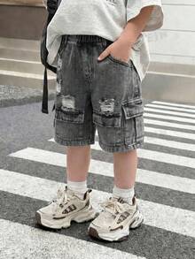 SHEIN Pantalones cortos cargo de mezclilla blanca desgastada para niños - Negro - Ver 5