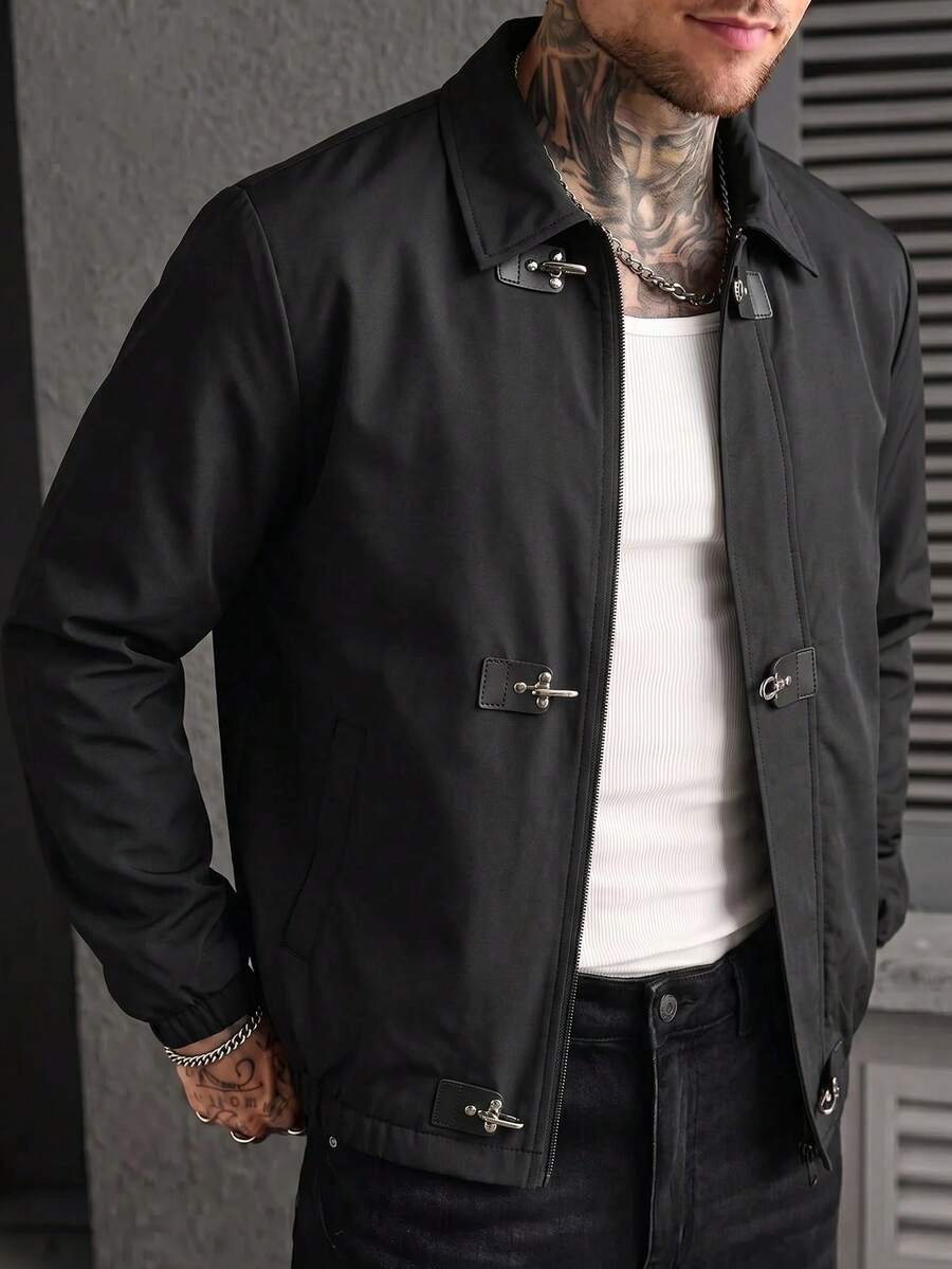 Manfinity Homme Men's Solid Color Long Sleeve Metal Airplane Buckle Casual Jacket - Black - View 1