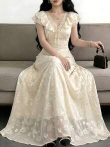 Celisse 女款優雅夏季荷葉邊對比蕾絲洋裝 - 杏色 - 查看 1