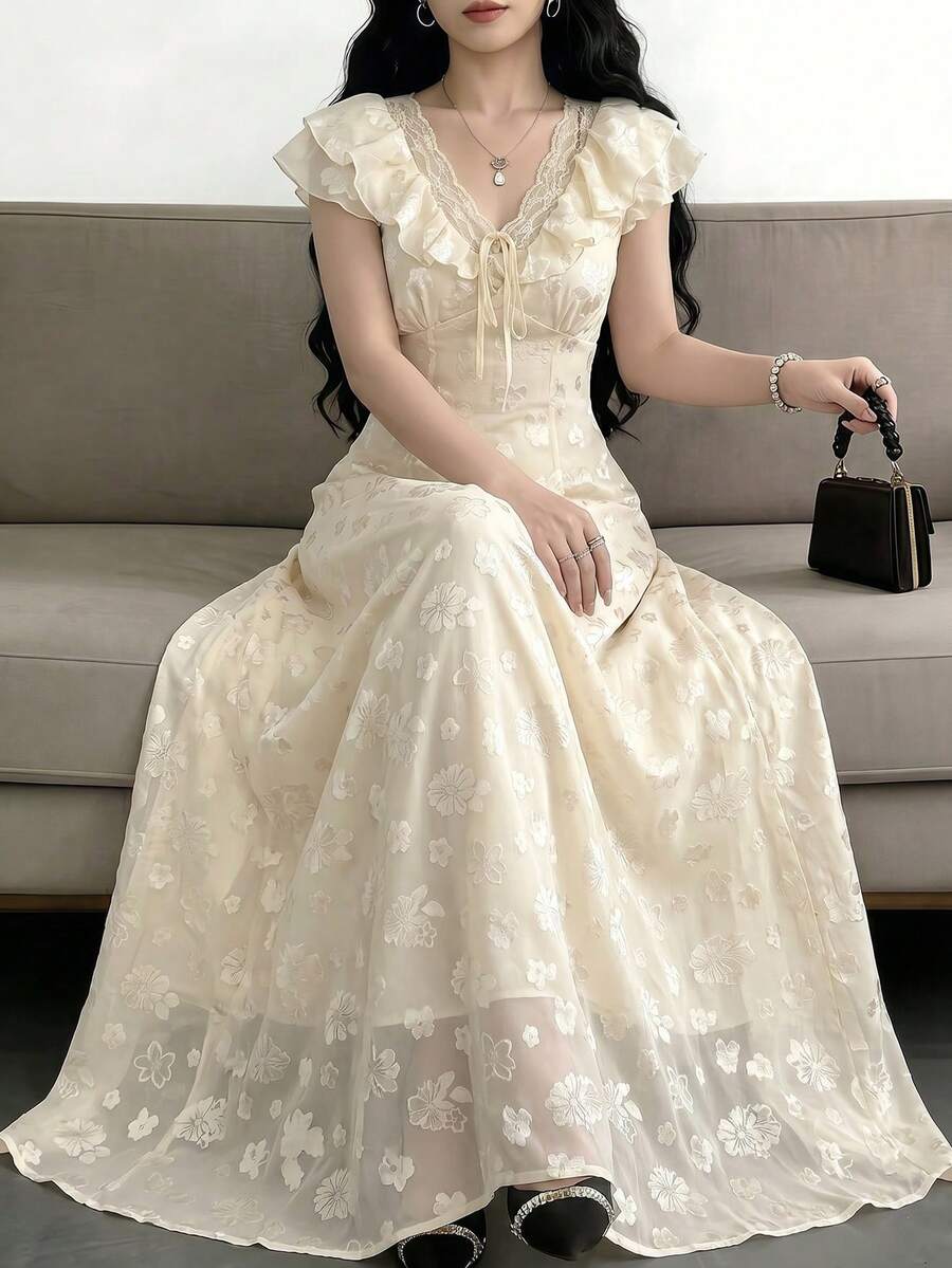 Celisse 女款優雅夏季荷葉邊對比蕾絲洋裝 - 杏色 - 查看 1