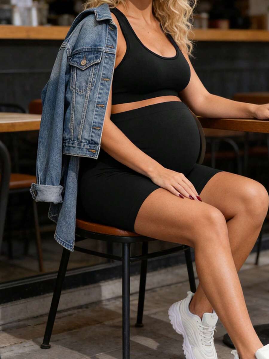 SHEIN 孕婦純色內衣與彈性運動短褲套裝 - 黑色 - 查看 1