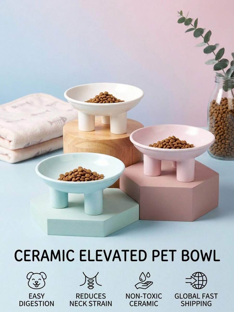 PETSIN 新款宠物碗,陶瓷高脚猫碗,大开口,三脚设计保护颈部,猫狗通用食碗 - 150ml - 查看 1