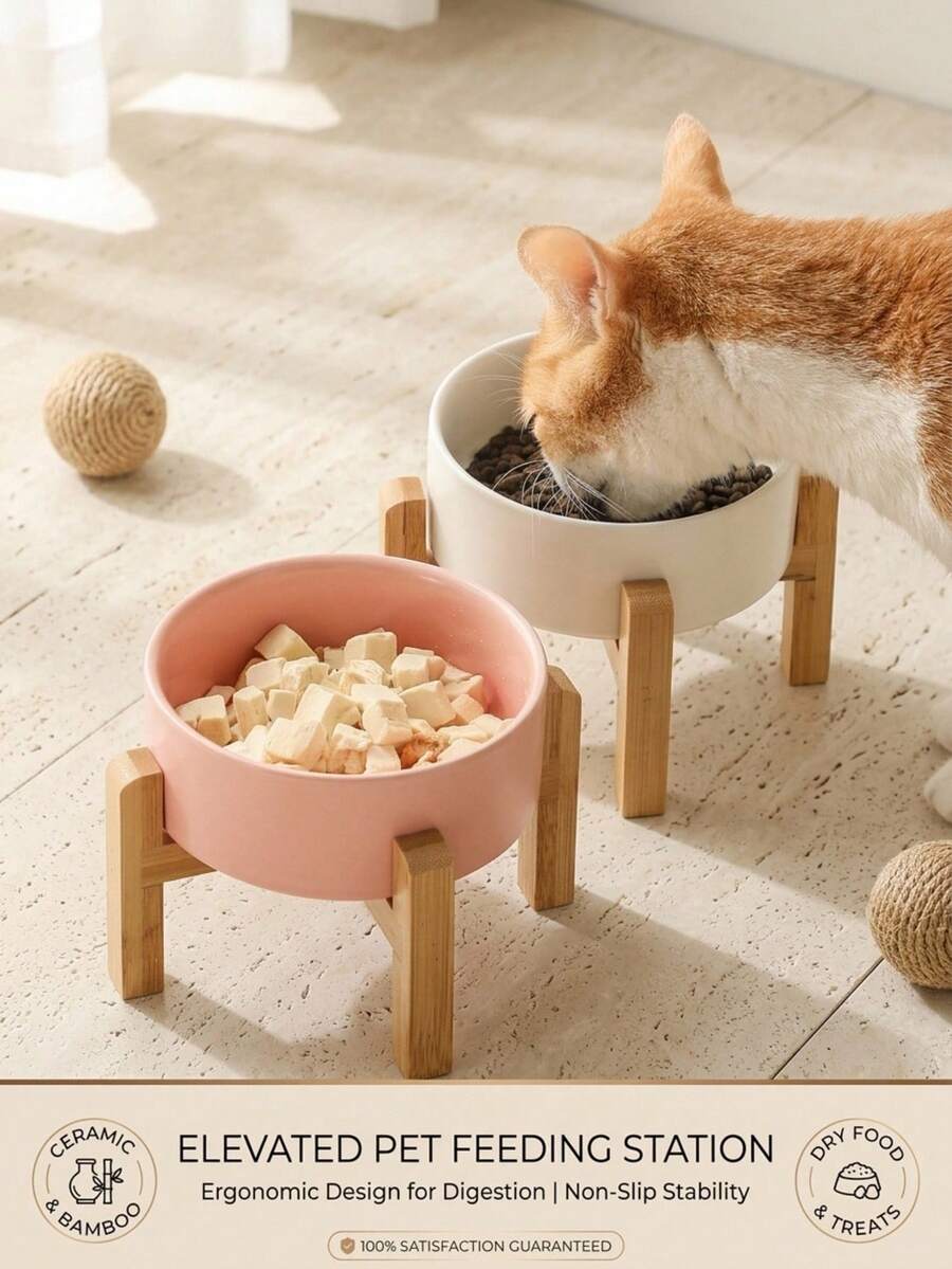 PETSIN 高脚陶瓷猫碗,高脚狗碗,防滑竹框猫粮碗,狗粮水套装,防吐无压,适合中型犬 - 400ML-850ML - 查看 1