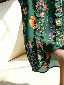 SHEIN Franclia 女款花卉印花百褶休閒百搭日常出遊襯衫 - 墨綠色 - 查看 5