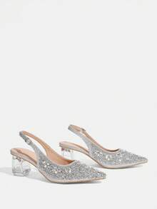 CUCCOO TILAWA Women's Crystal And Glass Rhinestone Pointed Silver High-Heeled Shoes, Suitable For Going Out, Banquets, Parties And Other Activities - flash silver - View 3