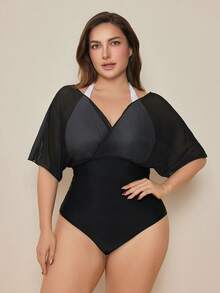 Swim Basics 大尺碼女款掛脖式 2 合 1 拼接連身泳衣，適合海灘度假、泳池派對、海灘派對 - 黑與白 - 查看 3