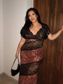 Firerie 大尺碼夏季時尚性感優雅蕾絲拼接巧克力棕色洋裝，適合音樂會、晚宴、正式場合、夜晚度假 - 黑色 - 查看 2