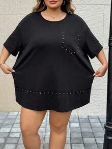 SHEIN CURVE+ 女款黑色針織大尺碼T恤 夏季外出休閒款 柔軟修身 2026年秋冬 22W - 黑色 - 查看 6