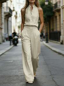 SHEIN 2pcs/Set Summer Minimalist Solid Color Notch Neck Sleeveless Tank Top And Pants - Apricot - View 5