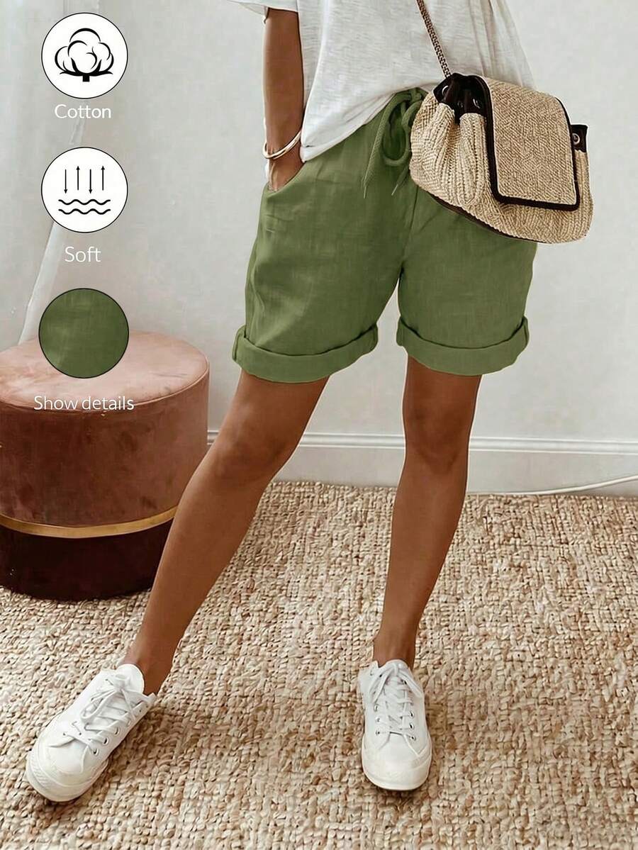 SHEIN Holidaya 女士夏季新款棉麻休闲抽绳卷边短裤,采用棉麻纹理面料,搭配弹性腰抽绳设计和卷边细节,打造轻松时尚的造型,适合日常外出、度假或轻度休闲场合,是一款百搭的休闲抽绳短裤,卡其色优雅长裤,宽松修身长裤。 - 綠色 - 查看 1