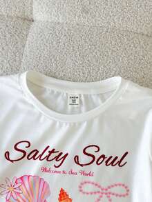 SHEIN Tween女孩休閒極簡可愛軟綿奶油白Salty Soul甜美海星貝殼珍珠蝴蝶結印花短袖T恤與粉色條紋短褲套裝，圓領短袖短褲，適合夏季與秋季 - 粉色 - 查看 7