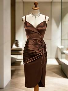 GlowEve Robe moulante décontractée et polyvalente pour femmes, taille cintrée, col en V, bretelles fines, ourlet froncé, pour sorties et fêtes de printemps/été - Marron - Voir 4
