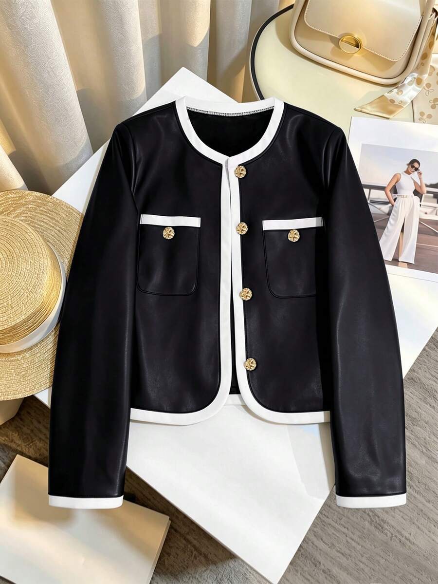 GlowEve CURVE Plus Size Spring/Autumn Casual Commuter Colorblock Trim Jacket - Black and White - View 1