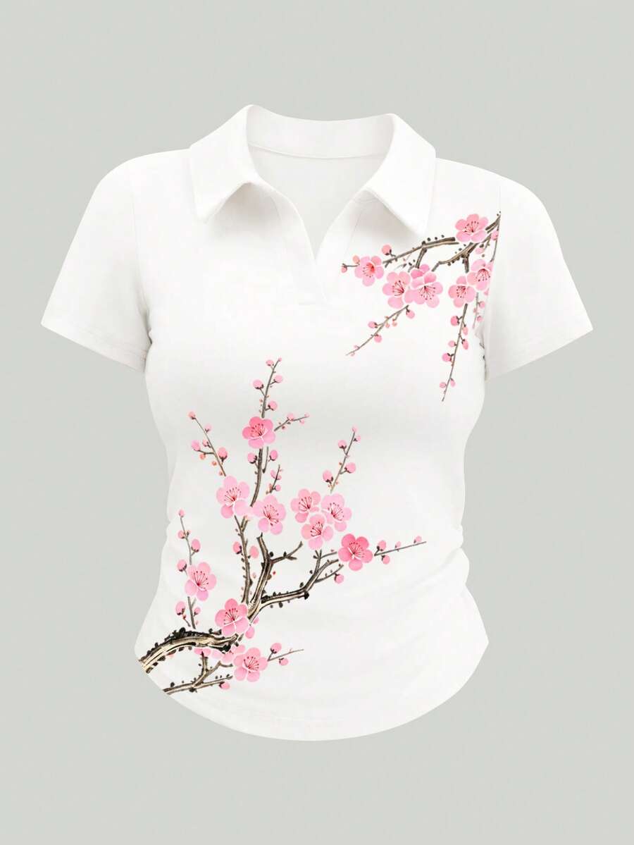 Airaco Camiseta de manga corta con estampado floral, ajuste ceñido y versátil para mujer, ideal para vacaciones y viajes - Blanco - Ver 1