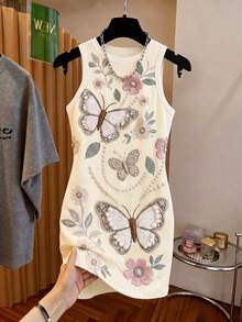 GlowEve 春夏休閒度假法式風刺繡珠飾3D印花圓領修身無袖短洋裝優雅時尚白色洋裝 - 黃色 - 查看 5