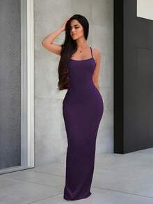 Sirith Women's Solid Color Backless Criss-Cross Design Fitted Slip Dress - Violet Purple - View 3