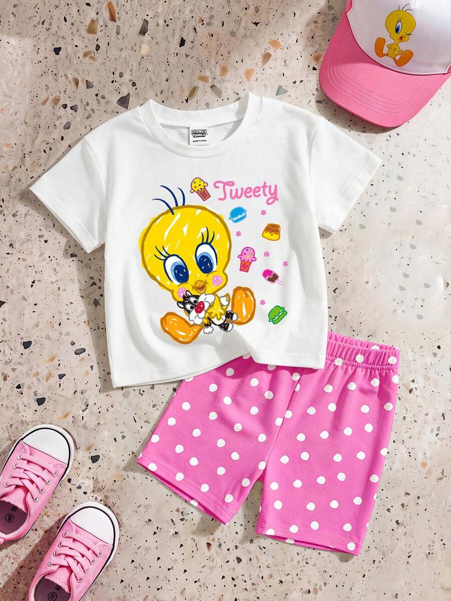 LOONEY TUNES X SHEIN GraphicGems 2件套女婴休闲可爱卡通崔弟、冰淇淋、汉堡印花圆领短袖T恤和波点印花打底裤套装,夏季新款SS26时尚 - 彩色 - 查看 1