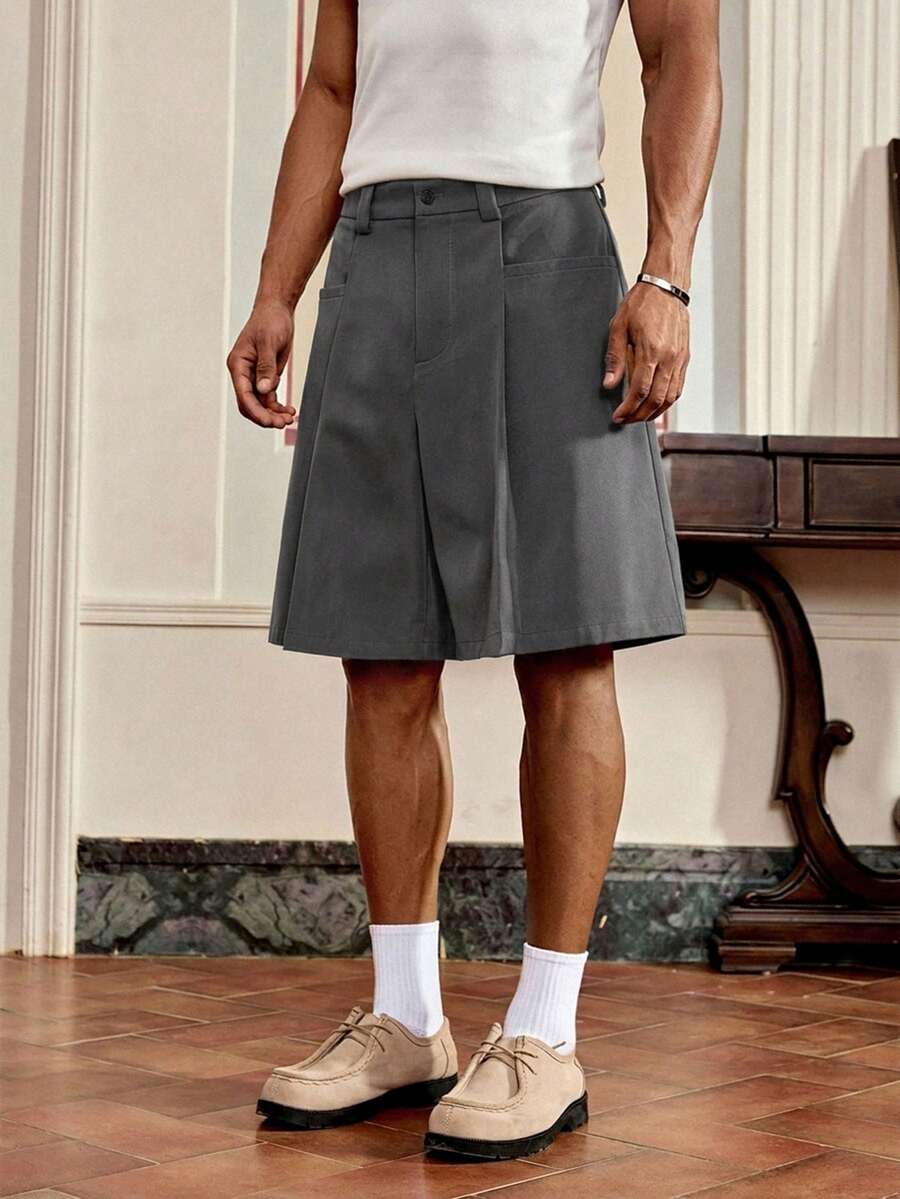 SWAVVY Men's Woven Casual Loose Solid Color Shorts - Dark Grey - View 1