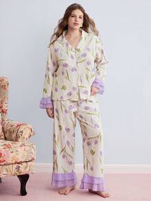 Elorette Plus Size Floral Print Collared Ruffle Trim Long Sleeve Top And Pants Pajama Set, Cozy And Elegant Details, Fall Winter Clothes - Purple - View 3