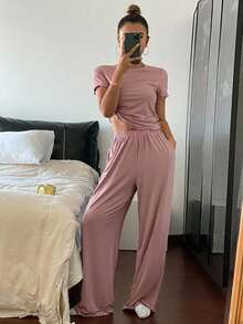 Livesso 極簡純色密邊波浪飾邊修身上衣與長褲家居服套裝 - 粉色 - 查看 4