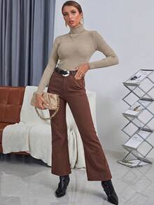 Selamara Áo len nữ cổ lọ gân đơn giản đa năng tay dài - Màu Khaki - Xem 3