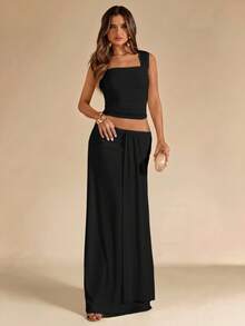 SHEIN BAE Ensemble 2 pièces femme en maille, débardeur bandeau froncé abricot unicolore et jupe longue taille basse froncée à nouer devant, tenue de plage pour vacances d'été, jupe bohème dos nu, tenue de concert, ensemble 2 pièces demoiselle d'honneur de mariage - Noir - Voir 4
