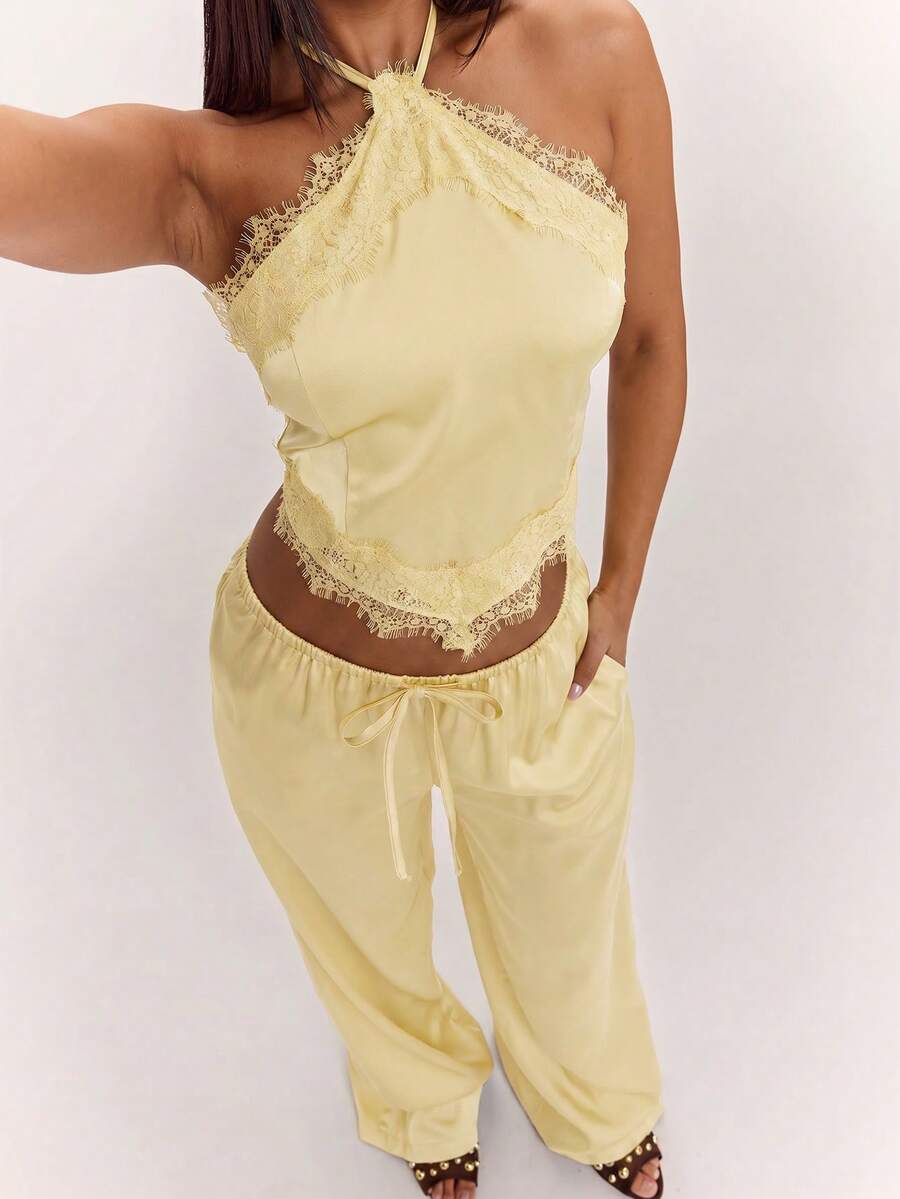 SHEIN BAE Solid Color Lace Trim Backless Halter Top And Long Pants Set - Yellow - View 1