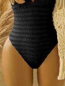 SHEIN Swim 夏季新款女款連身泳衣，黃色紋理布料搭配藍色星星裝飾，掛脖設計，適合海灘、沙灘、游泳、泳池、度假，甜美風格，度假風，連身泳衣 - 黑色 - 查看 5