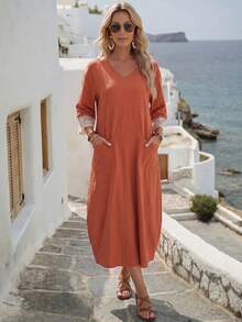 Faunlyn Women's Vacation Casual Boho Lace Patchwork Midi Dress Rust Orange Summer Everyday Going Out - Burnt Orange - View 5
