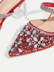 CUCCOO TILAWA Ladies' Fashionable And Elegant Crystal And Rhinestone Pointed Laser Lace Rose Red High-Heeled Shoes, Suitable For Banquets, Parties And Other Occasio - Rose Red - View 5