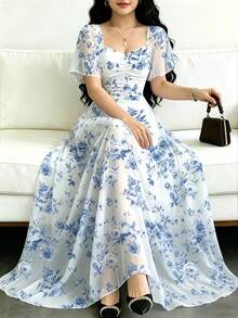 Modelyn 女款大碼鈷藍色玫瑰花卉印花法式風洋裝，時尚方領壓褶設計配飄逸袖，夏季收腰長版洋裝，適合夏季度假與日常穿著 - 彩色 - 查看 1