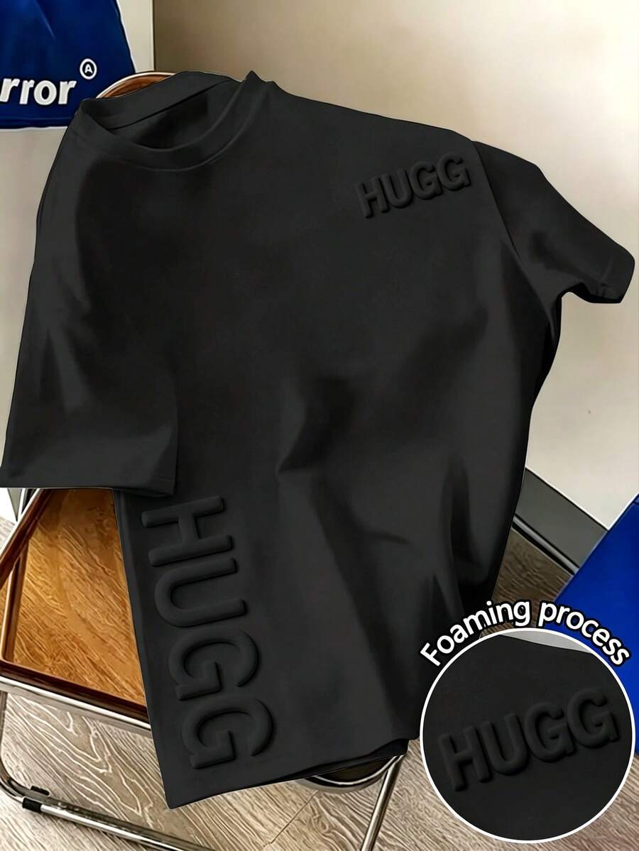 Resyla Men's Casual Fashion Letter Foam Print Pattern Black Crew Neck Short Sleeve T-Shirt Summer Style - Black - View 1