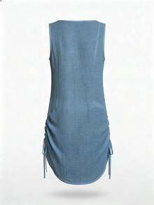 Swim Lushoire 女款純色單排扣休閒和服式罩衫，適合度假穿著 - 霧霾藍 - 查看 8