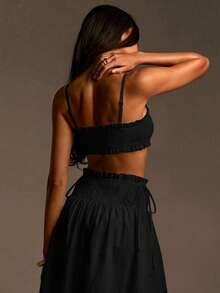Athîral Women's Casual White Spaghetti Strap Elastic Shirred Top And Skirt Set, Date And Party Outfit - Black - View 2