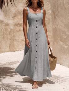Balvessa Women's Blue And White Stripe Button-Front Vest-Style Midi Dress Casual Coastal Chic Vacation Wear For Spring Summer - Black - View 4