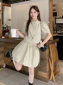 DAZY Women's Summer Short Sleeve Open Front Top And Short Bud Skirt Casual 2 Pieces Set Washed Fitted Denim Outfit Cute Tops - Khaki - View 5