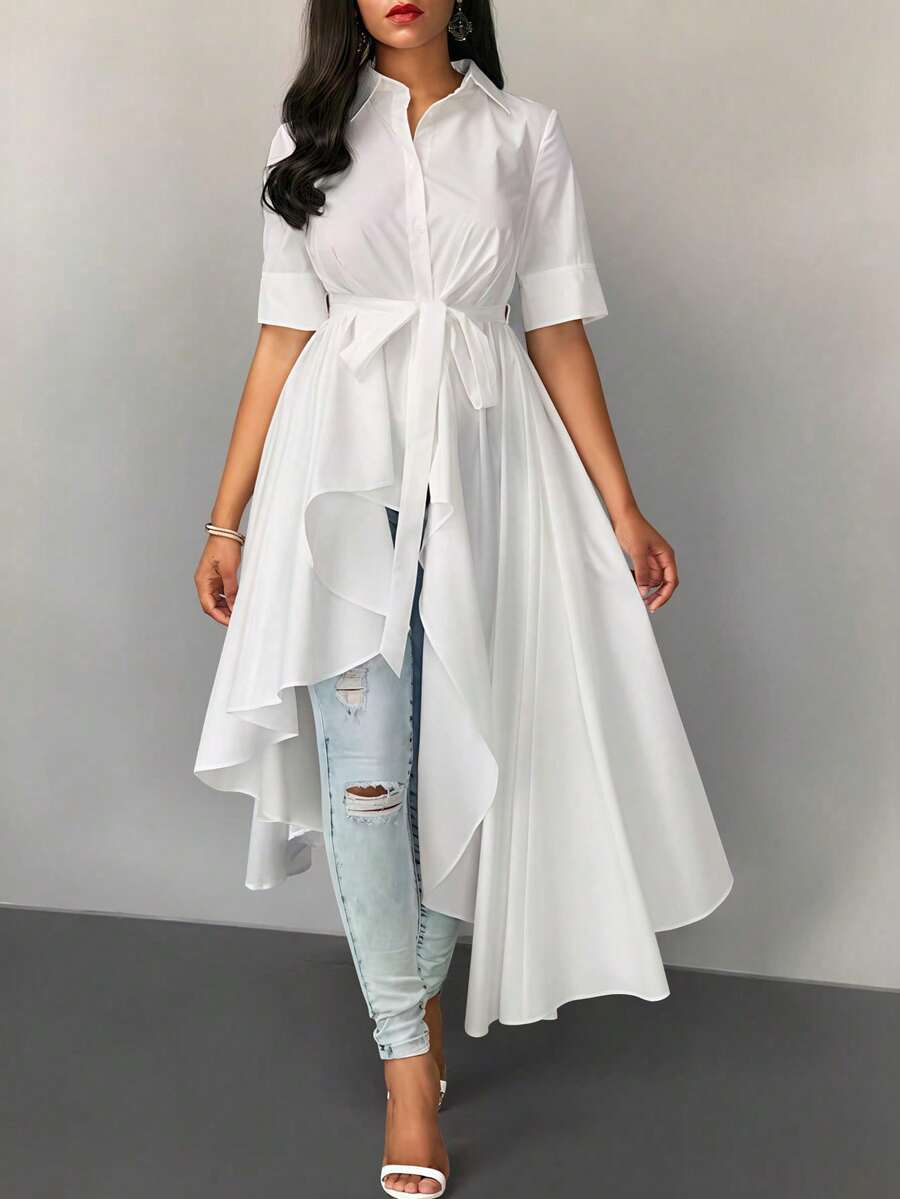 SHEIN Unity Long Length Casual Women Shirt With Draped Design - White - View 1