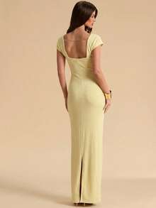 SHEIN BAE Pale Yellow Solid Color Sweetheart Neck Short Sleeve Backless Fitted Maxi Knit Dress, Elegant Dress, Summer Cocktail - Yellow - View 2