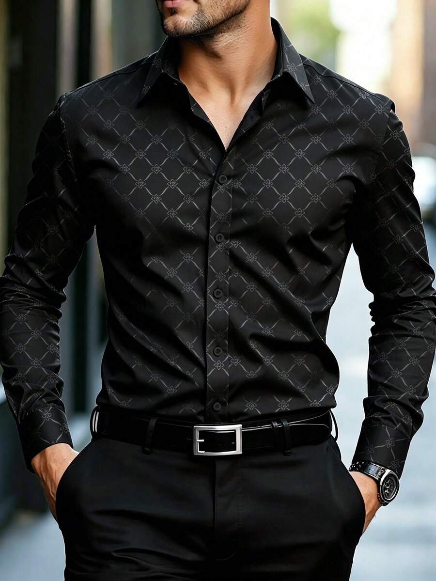 Calvornis Men's Black Button Down Long Sleeve Slim Fit Business Formal Dress Shirt,Long Sleeve Men Shirt, For Fall, Ceremony - Black - View 1