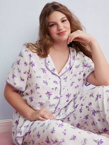 Elorette Floral Pajama Set Plus Size Purple Floral Contrast Trim Short Sleeve Sleepwear Set 2 Piece Pajama Set Purple Pajamas Set - White - View 7