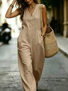 SHEIN Holidaya Damen Sommer ärmelloser V-Ausschnitt Leinen Jumpsuit, lockerer weiter Bein lässiger Jumpsuit, französischer lässiger Urlaubs-Jumpsuit - Khaki - Übersicht 3