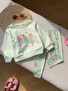 SHEIN Baby Mädchen süßes lässiges gestricktes grünes Cartoon-Muster Langarm Sweatshirt und elastische Taille lange Hose Set - Grün - Übersicht 4