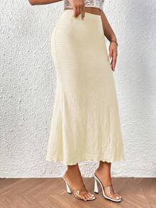 SHEIN PETITE CURVE 大尺碼女款素色紋理美人魚下擺裙 - 杏色 - 查看 5