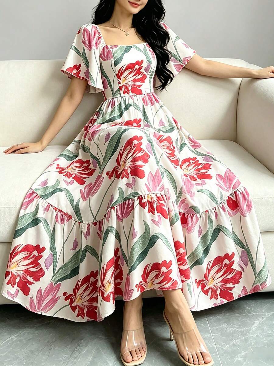Modelyn 花卉蝴蝶印花时尚方领短袖连衣裙,收腰中长款,浅杏色花卉图案连衣裙,夏季必备 - 彩色 - 查看 1